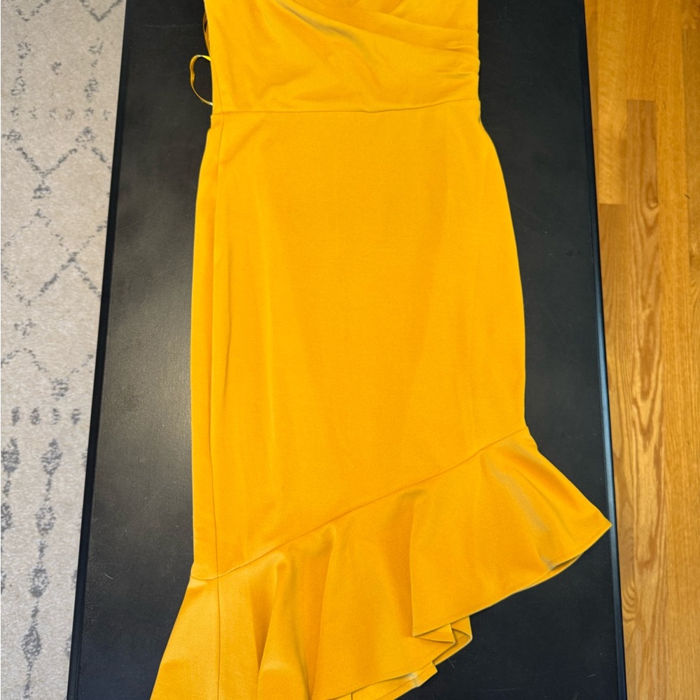 bebe Asymmetrical Yellow Dress with Ruffle Hem